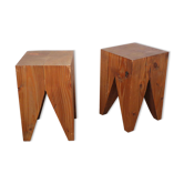 Pair of brutalist stools in solid fir