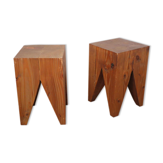 Pair of brutalist stools in solid fir