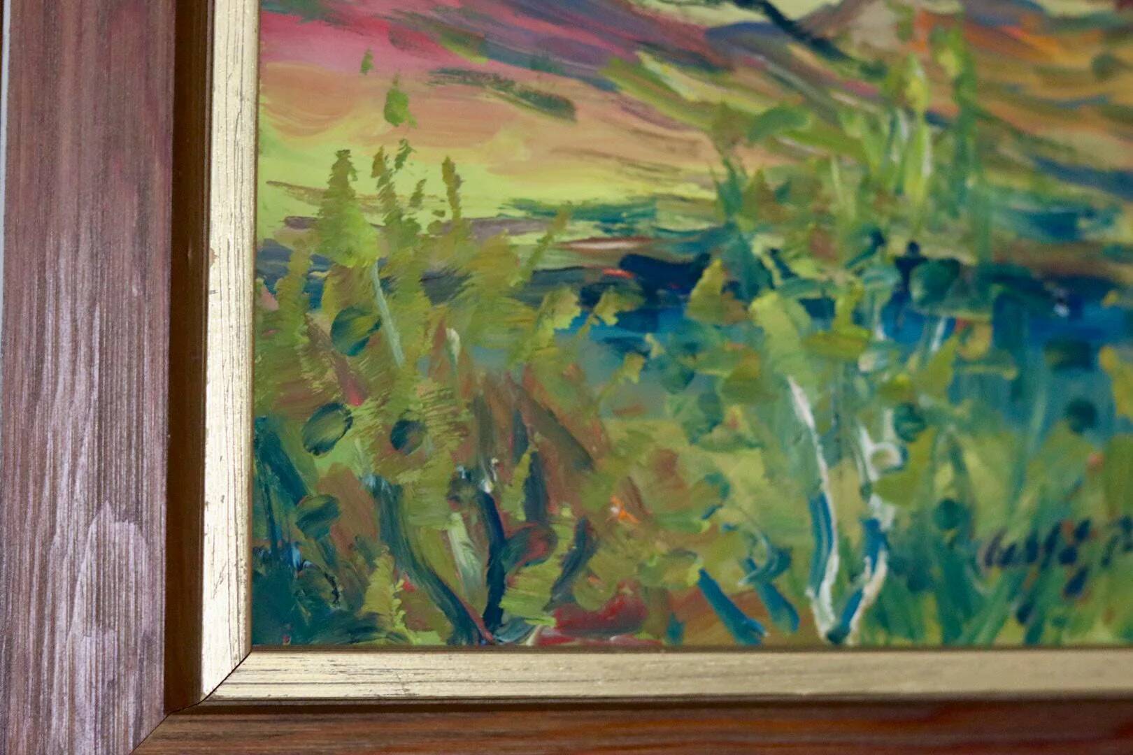 Huile sur panneau suédoise originale « Sunset Mountains »
