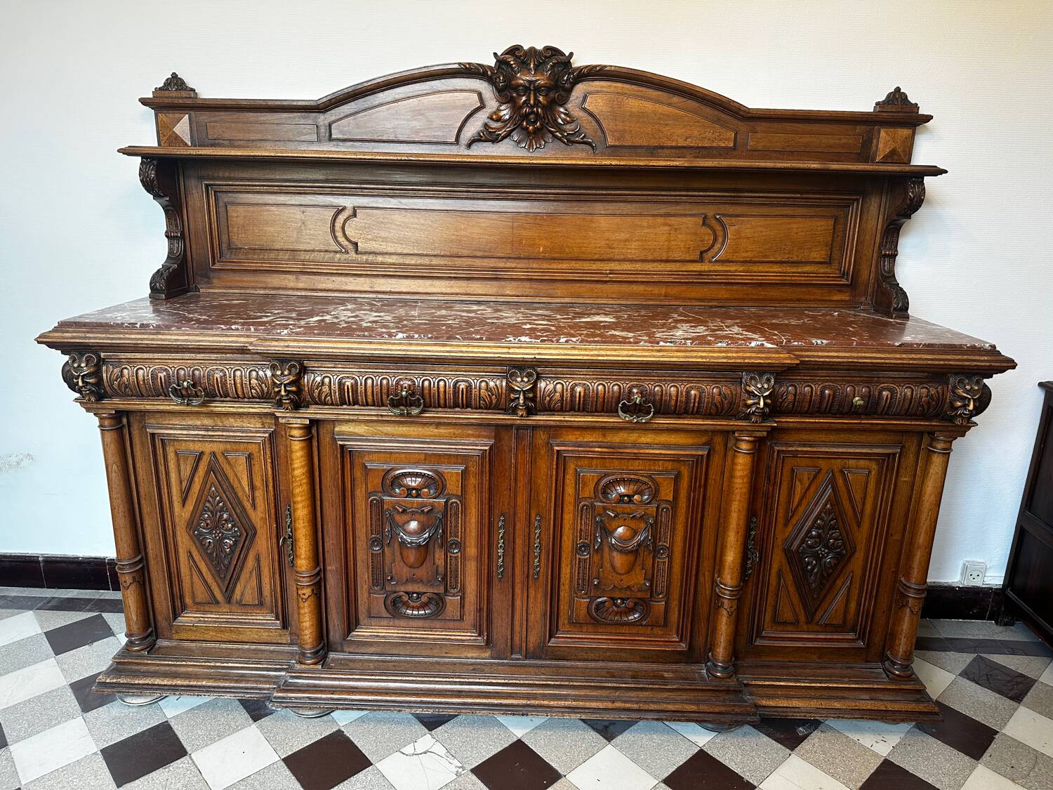 Two-part Renaissance-style buffet - Solid oak & marble, late 19th century