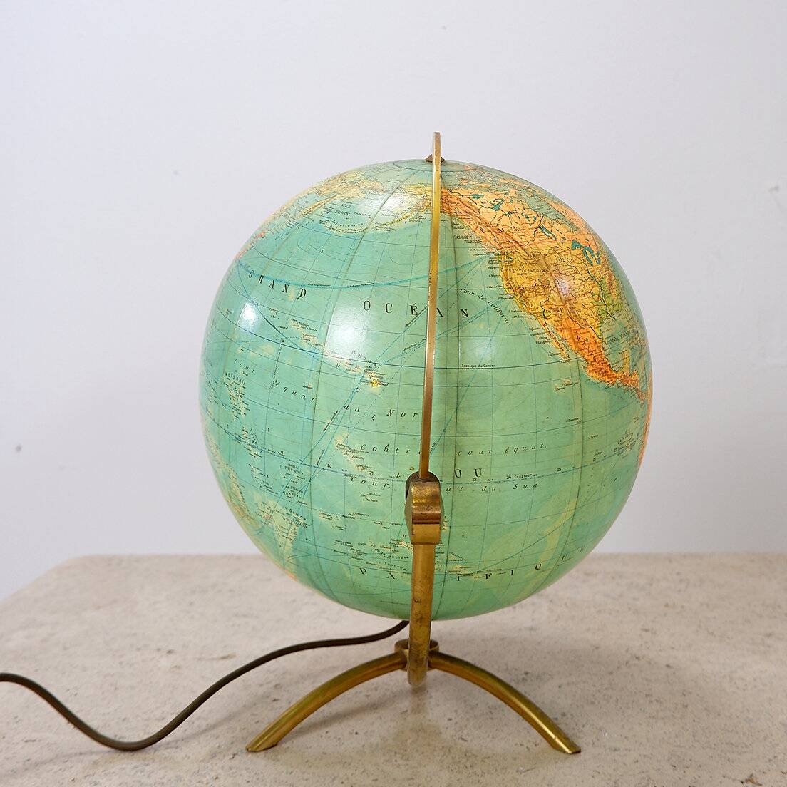 Glass & brass luminous world map by Paul Oestergaard for Colombus Verlag - 1950s