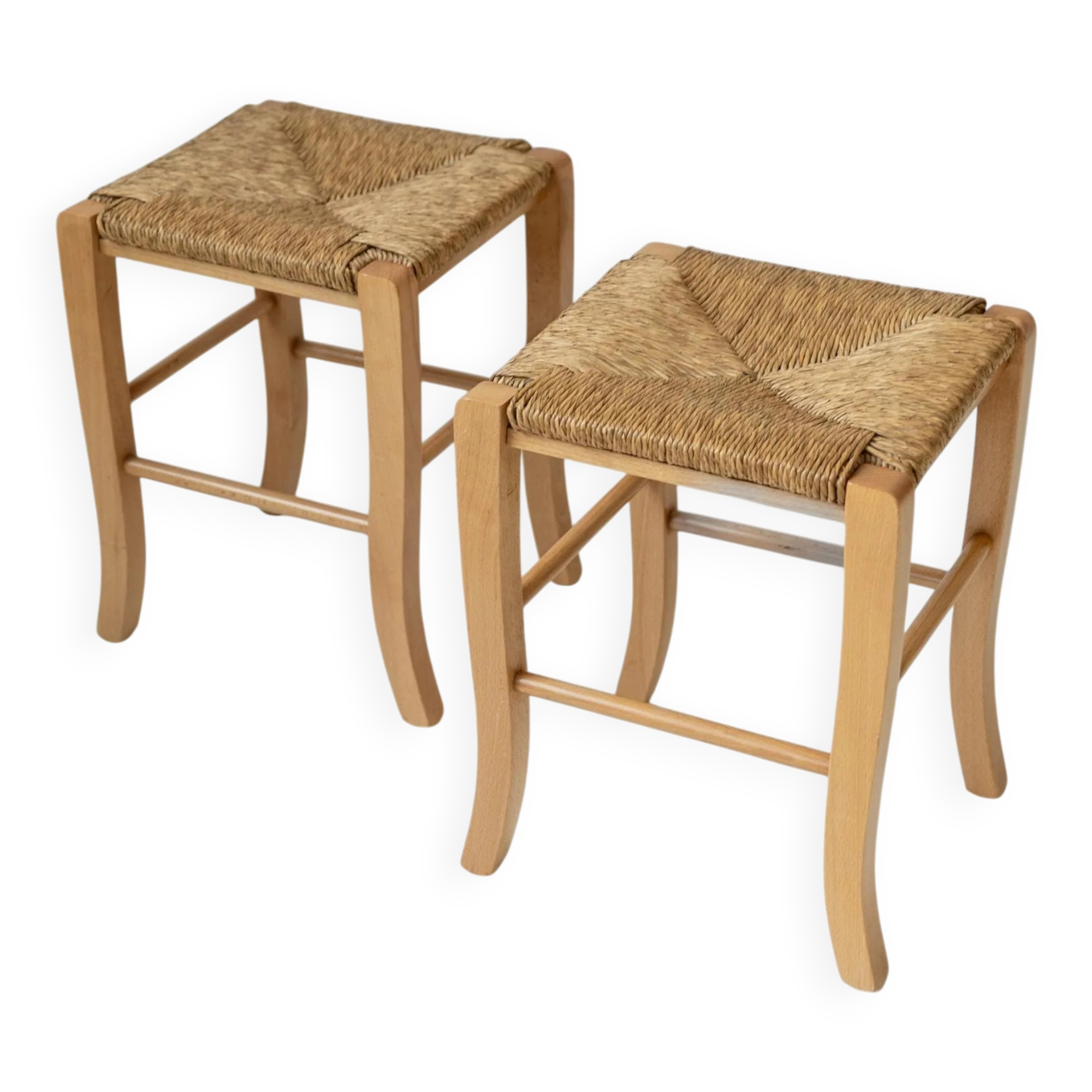 Lot of 2 vintage wooden stools from the 1980s, with hand-woven straw seats.
