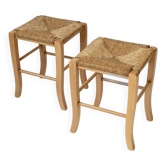 Lot of 2 vintage wooden stools from the 1980s, with hand-woven straw seats.
