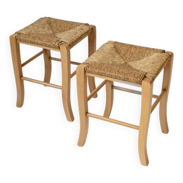 Lot vintage de 2 tabourets en bois des années 1980, assises en paille tressée à la main