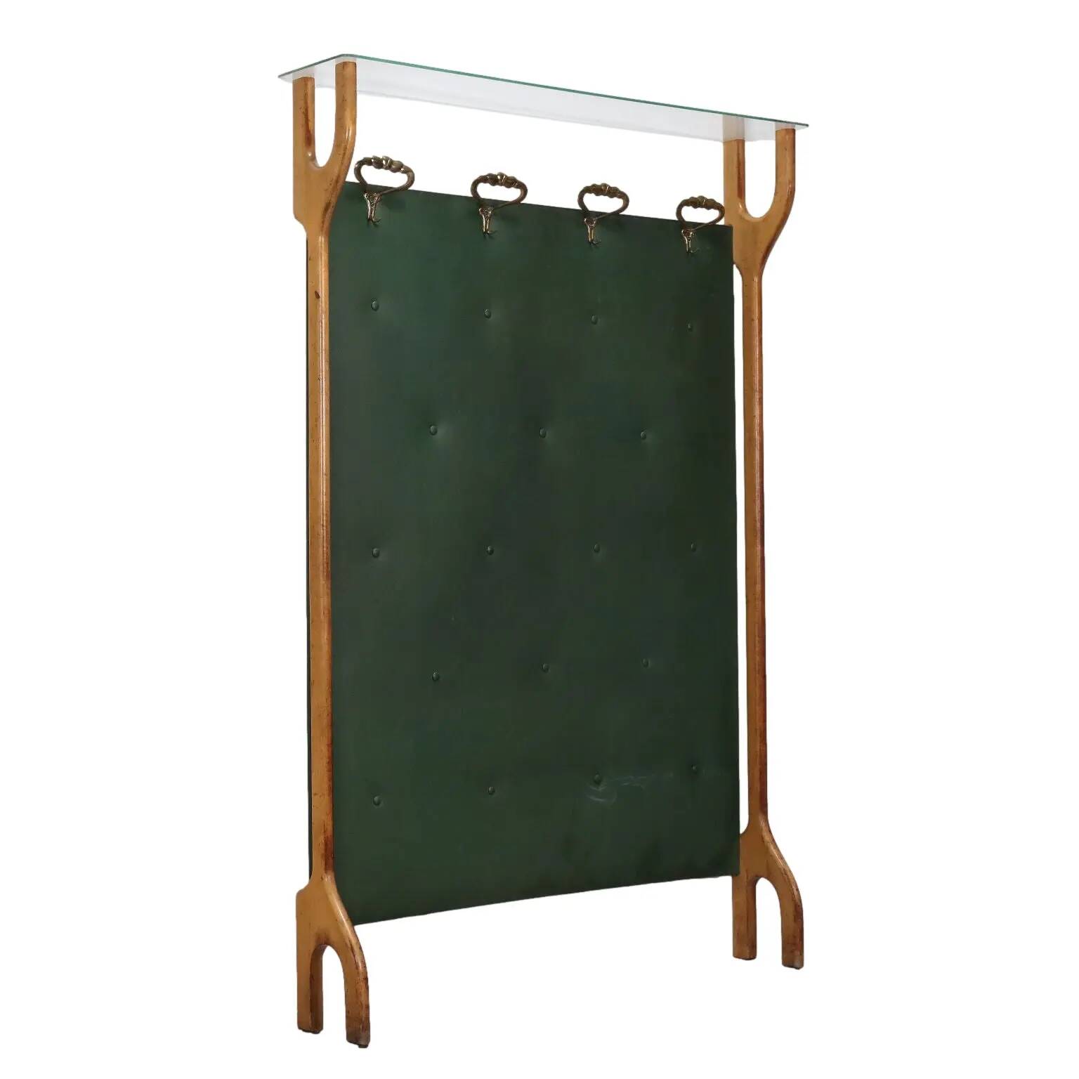 Vintage coat rack in brass, faux leather and glass, Italy, 1950s
