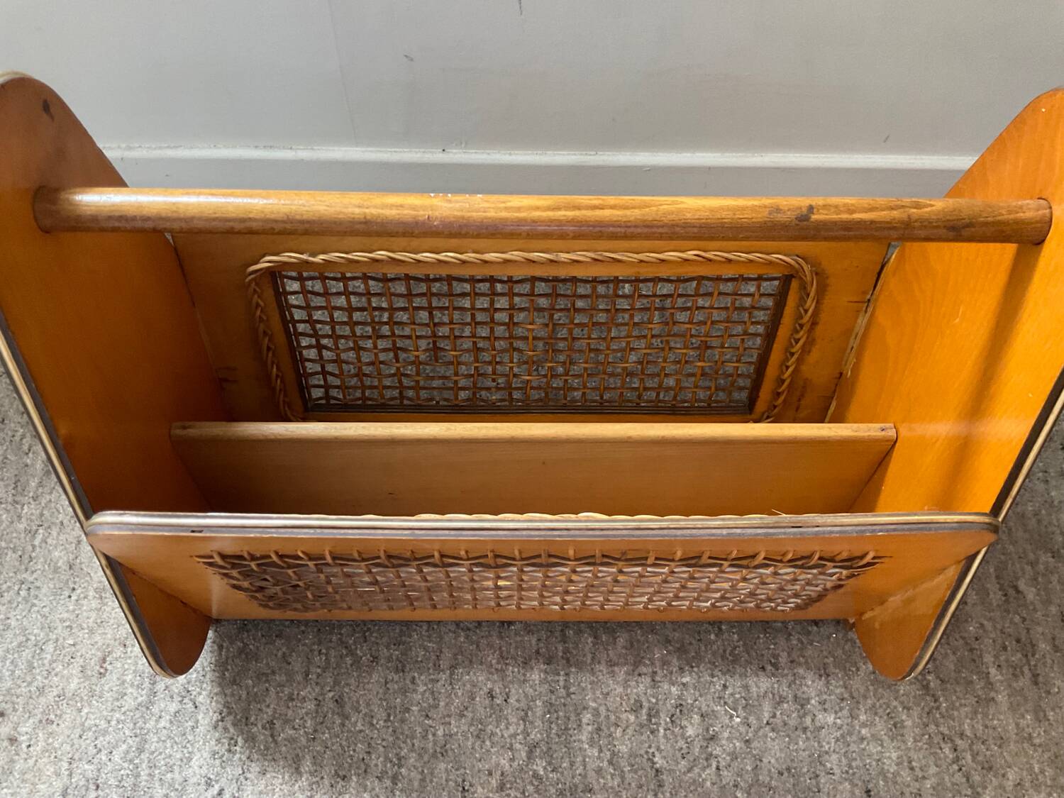 Wooden and rattan magazine rack from the 50s and 60s
