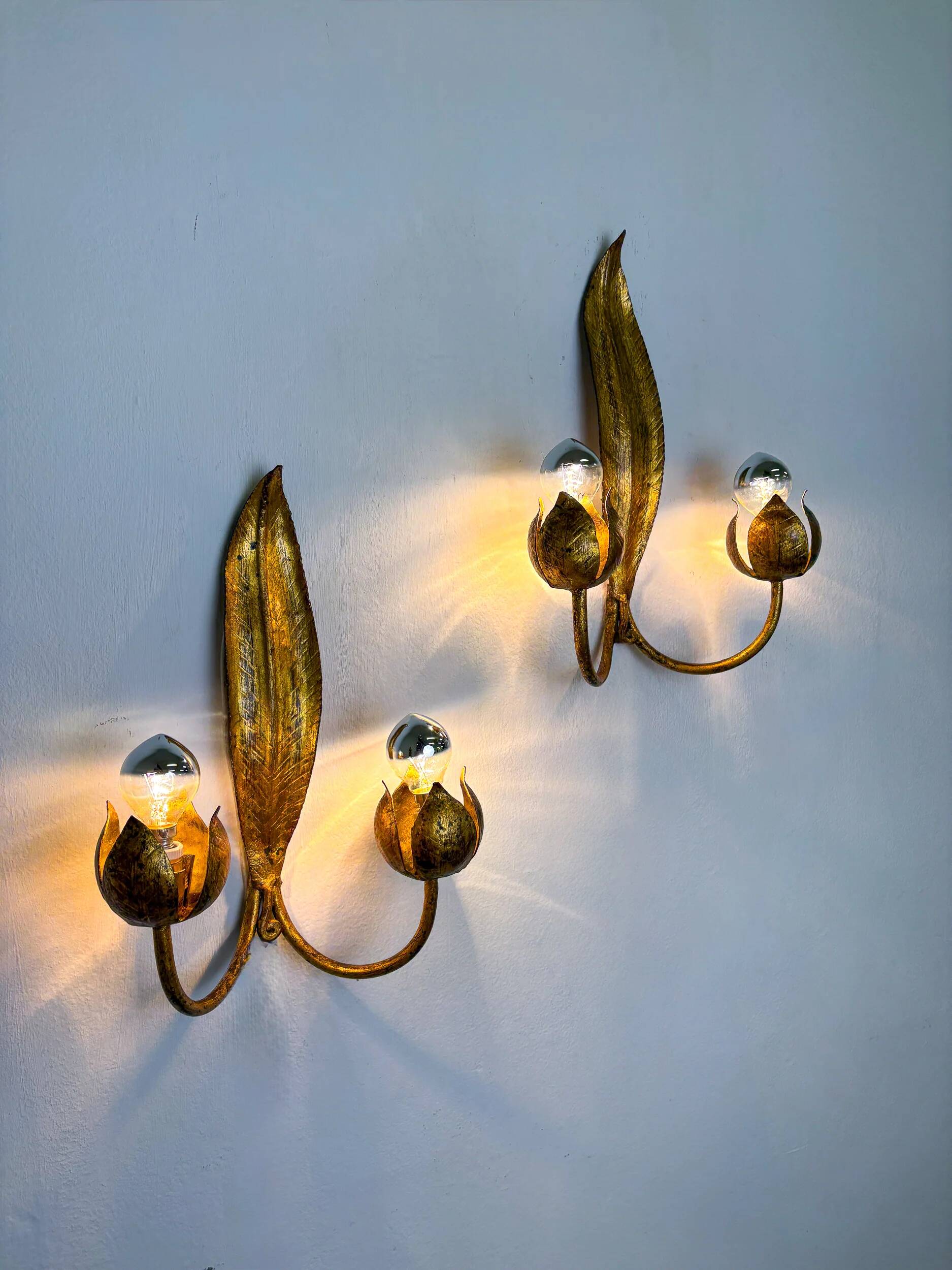 Pair of Spanish foliage wall sconces, leaf arms & bud shades, gilt iron, 1960s