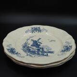 3 assiettes plates motif moulin bleu