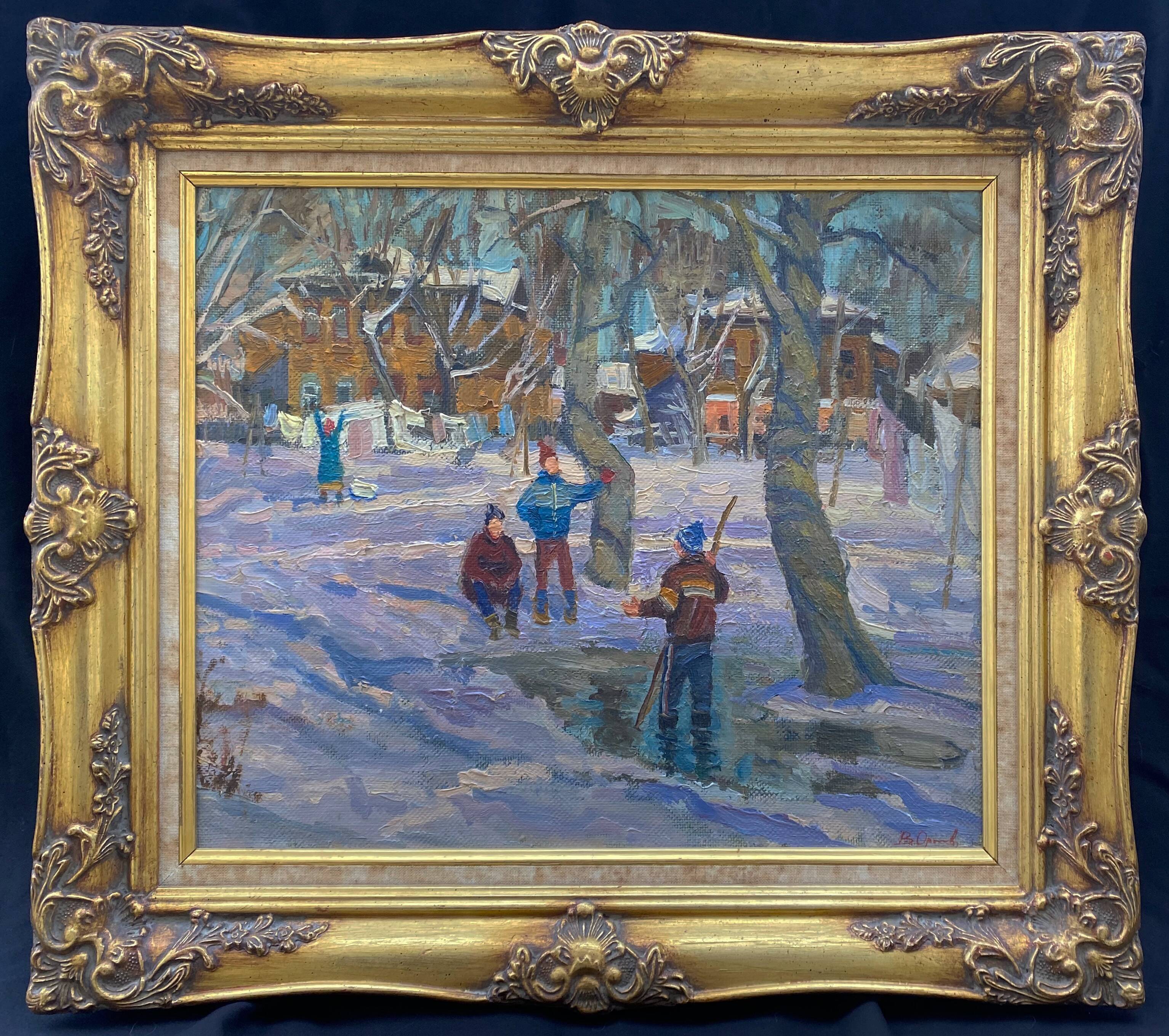 Table Russian school XX° "Animated winter landscape" Children playing signed + frame