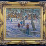 Table Russian school XX° "Animated winter landscape" Children playing signed + frame