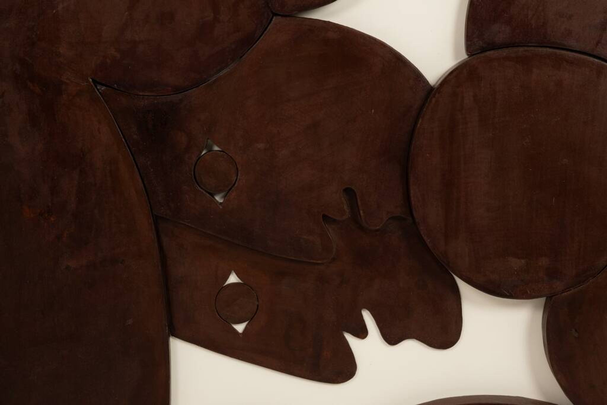 Relief panel "The Twins" in patinated wood. Contemporary.