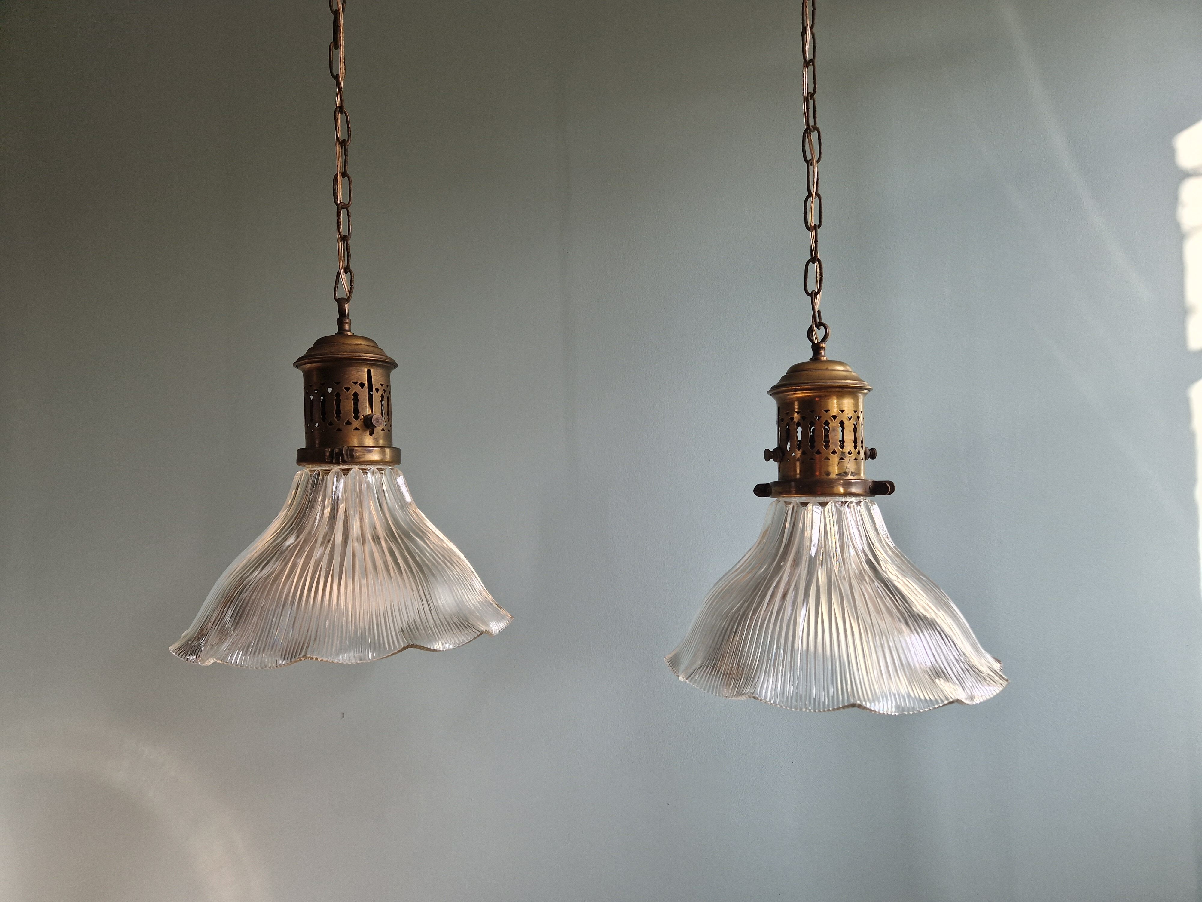 Pair of Holophane wall lamps in grooved glass, 1920s-30s