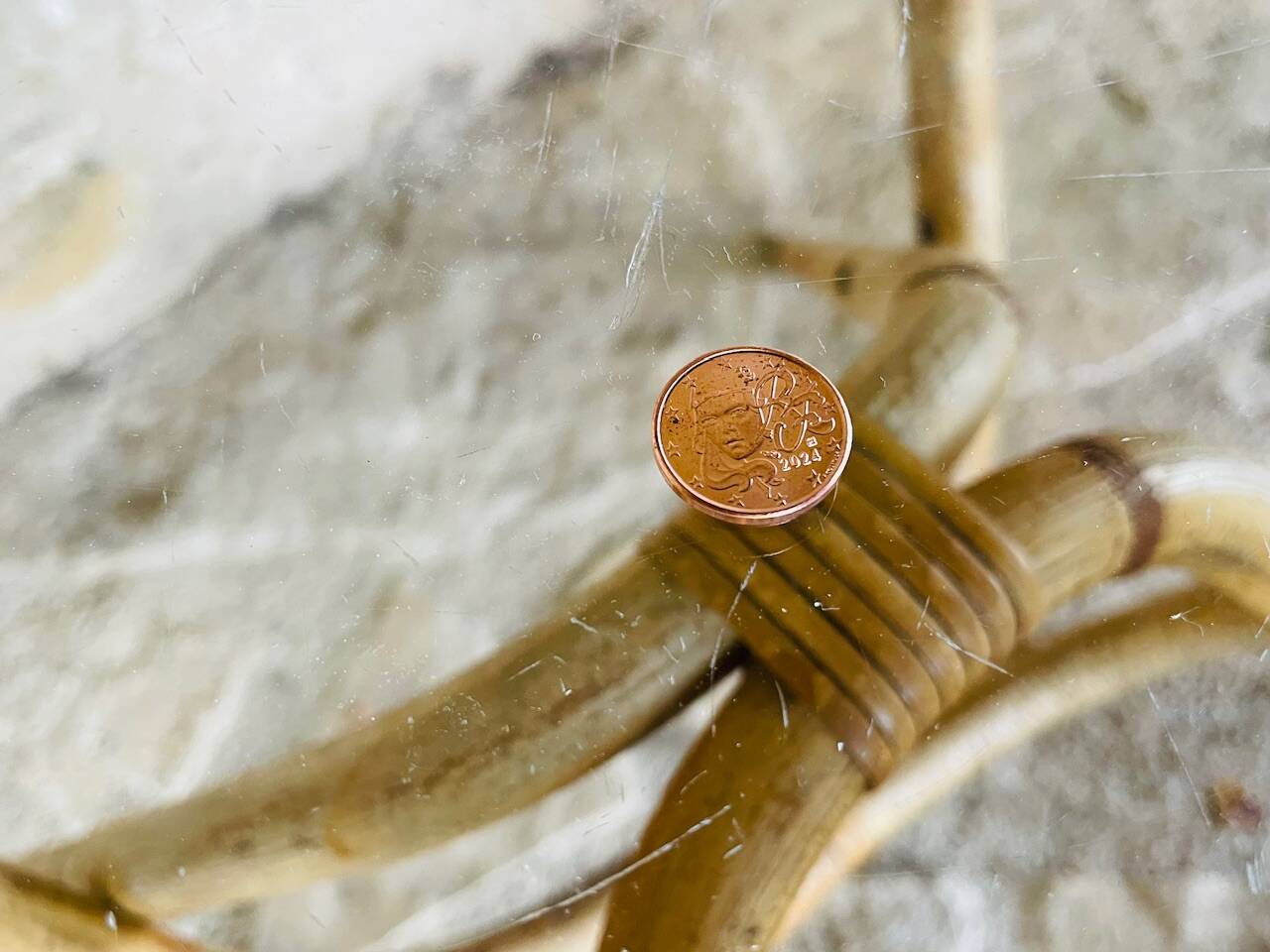 Round bamboo and rattan coffee table with glass top, circa 1960s