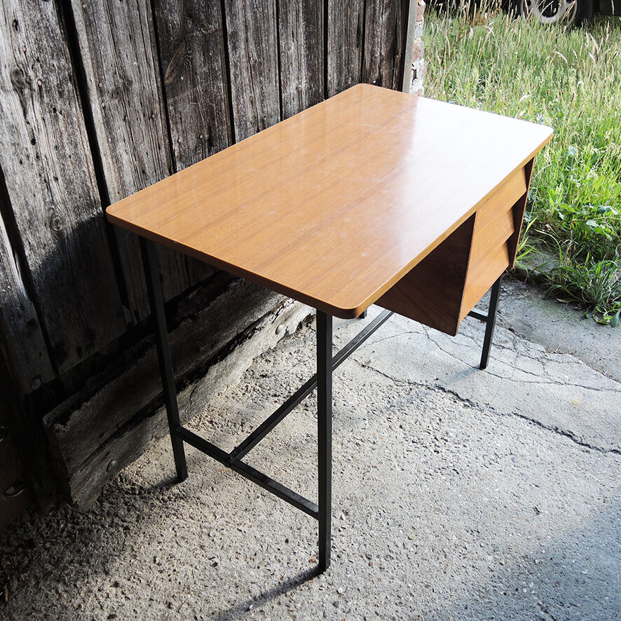 Vintage formica and metal desk with matching chair.
