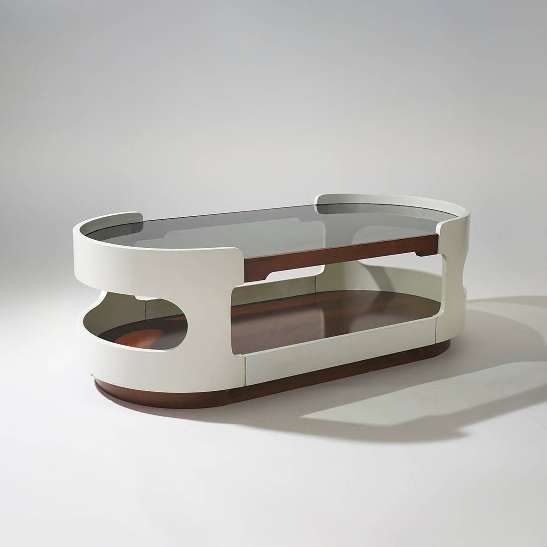 Table basse en bois et en verre de l'ère spatiale, années 1970
