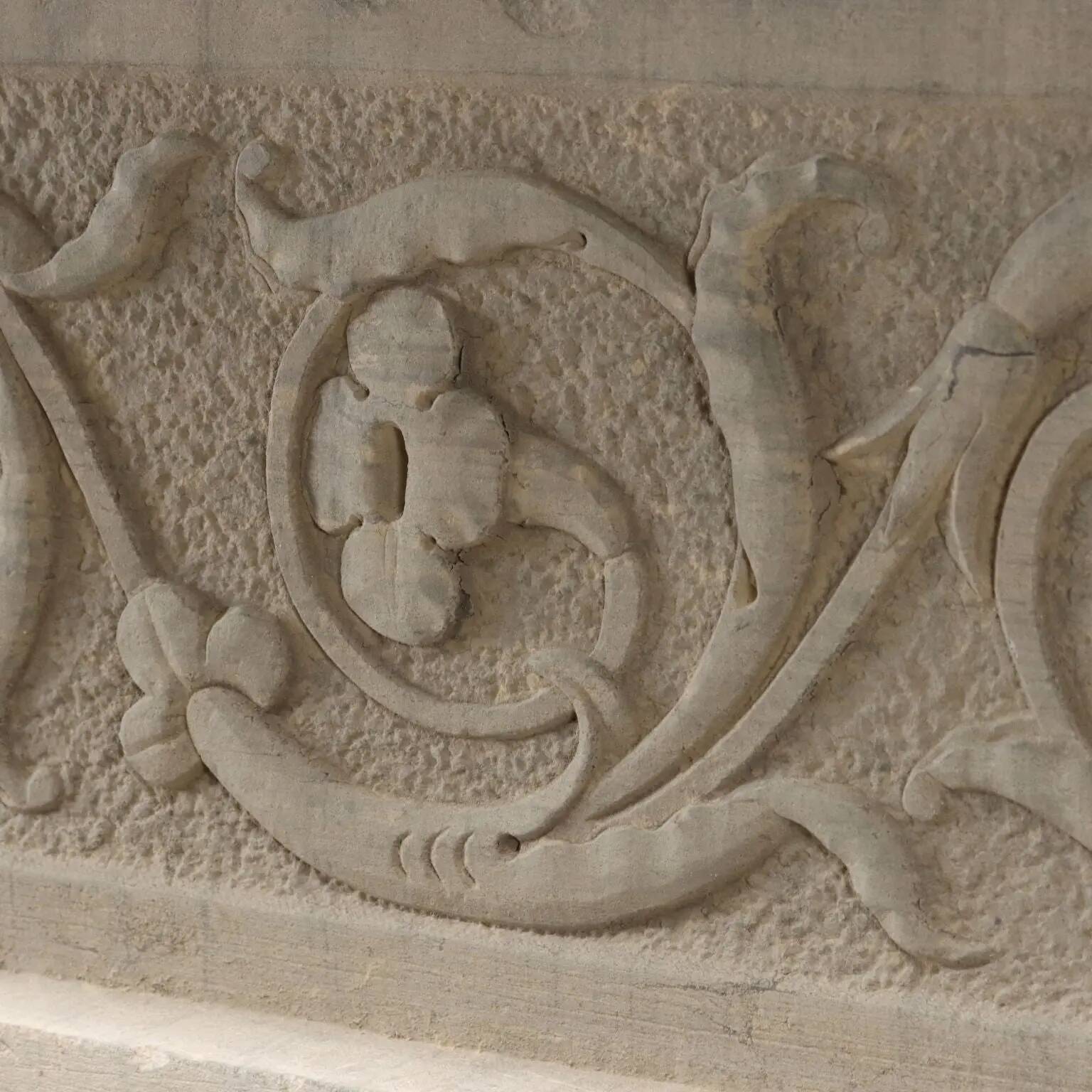 Ancient Renaissance fireplace lintel in pietra serena stone, 15th century.