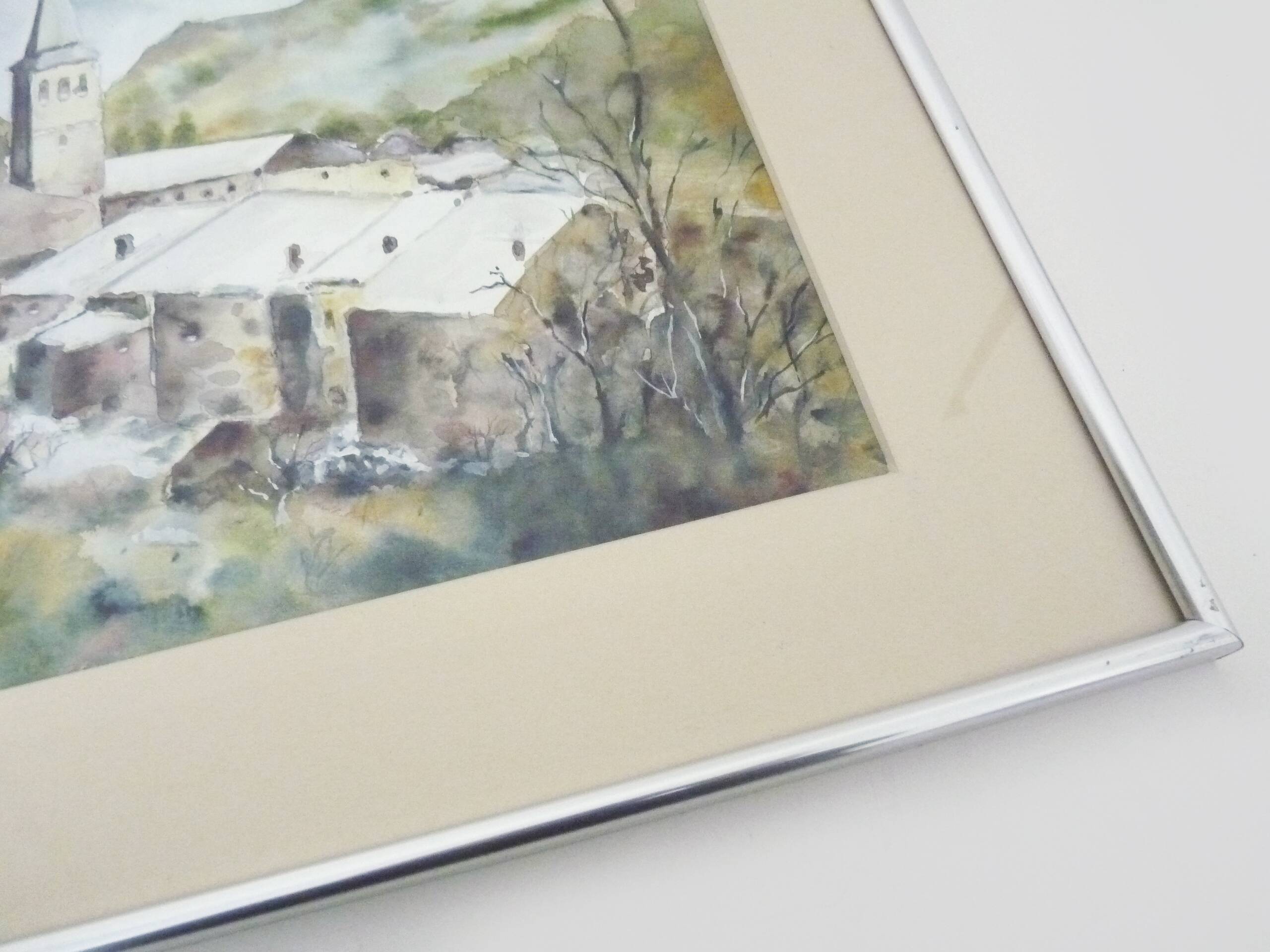 Original watercolor by Carani church in the mountains. Signed
