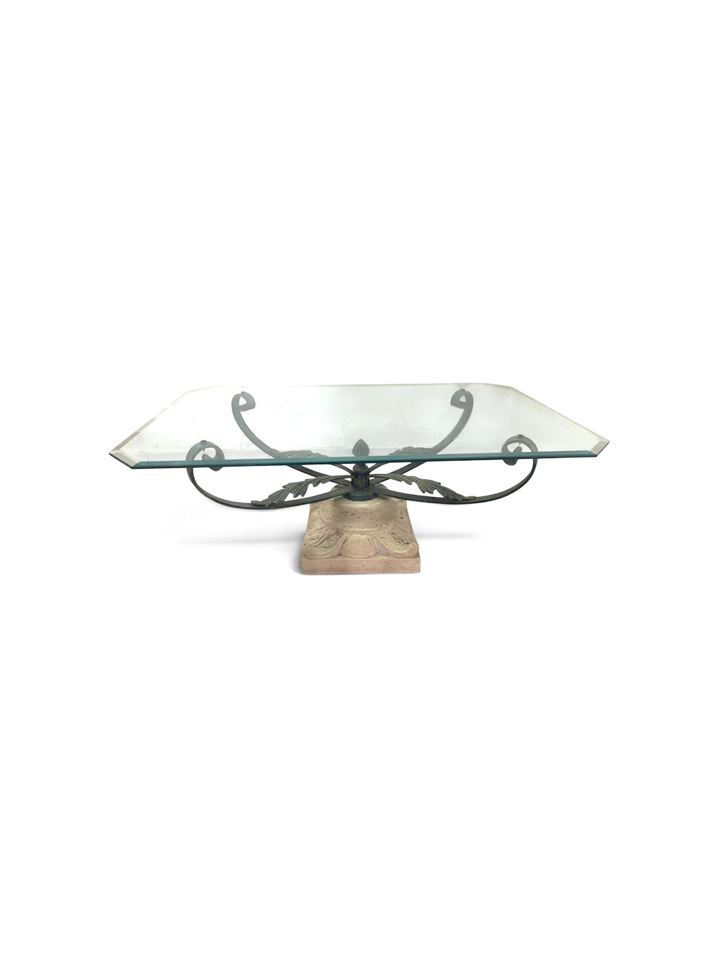 Octagonal Glass Dining Table with Travertine Base and Metal Frame