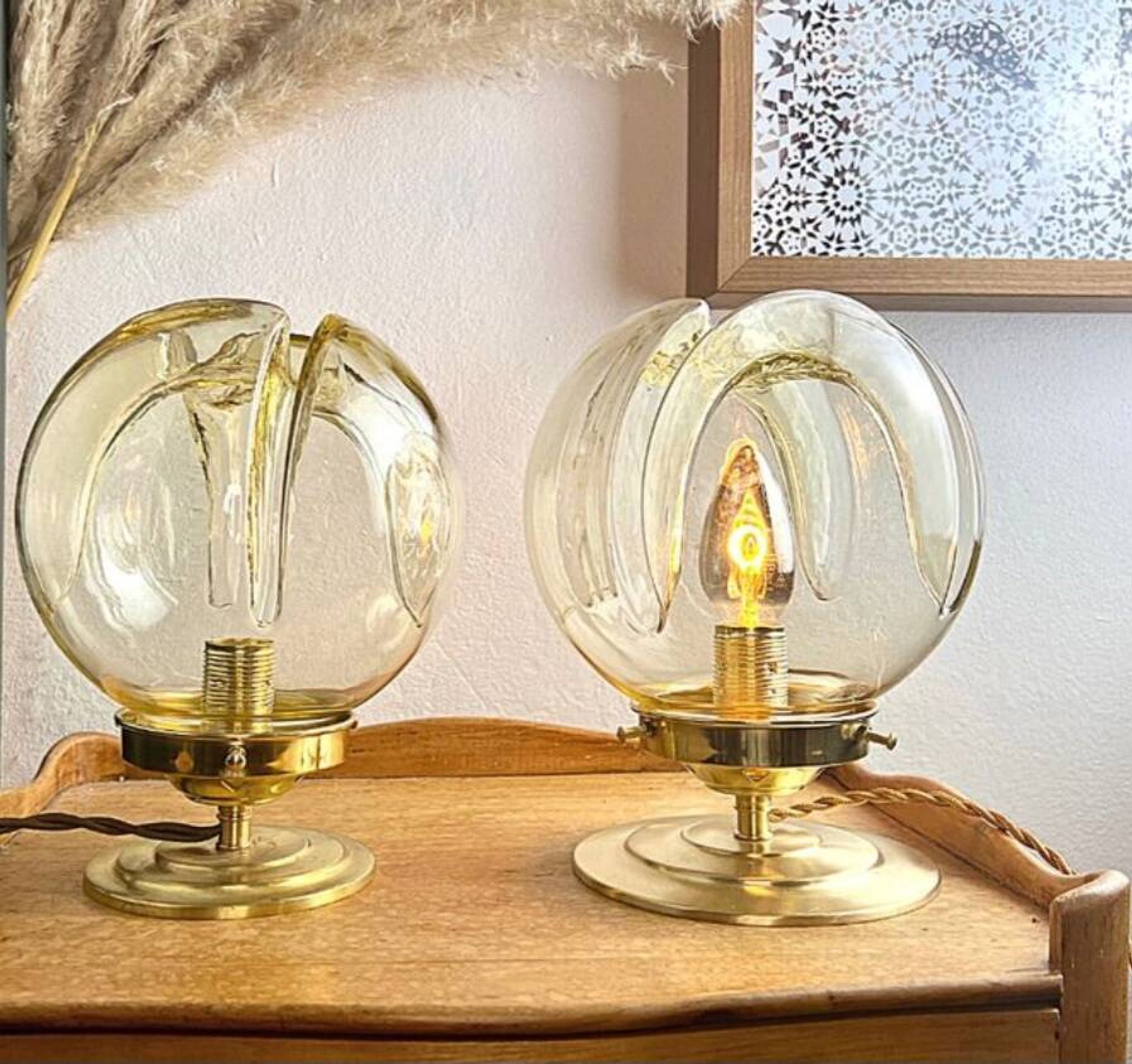 Pair of vintage smoked yellow Murano glass lamps