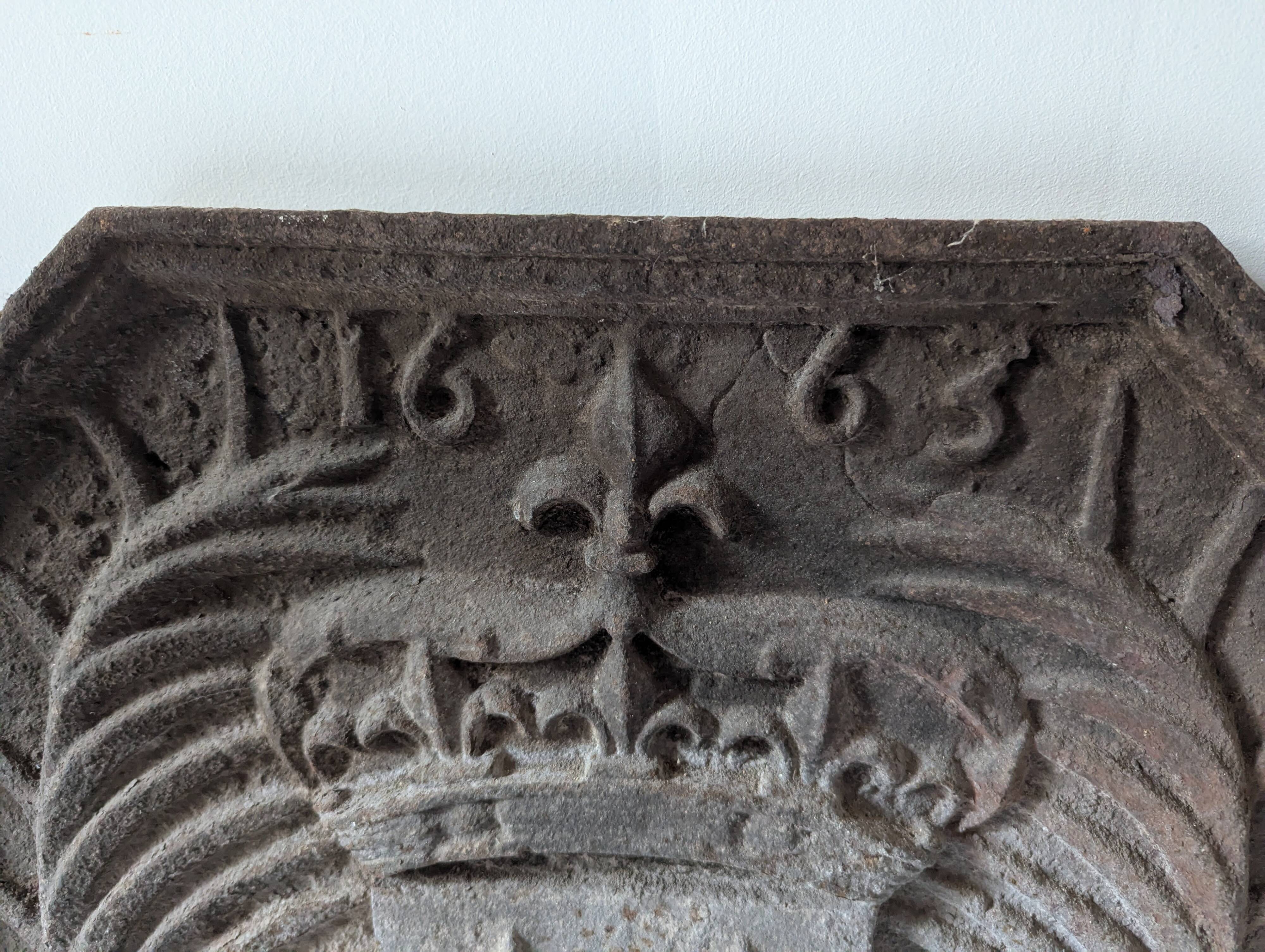 Old cast iron fireplace plate – royal fleur-de-lis coat of arms – dated 166.