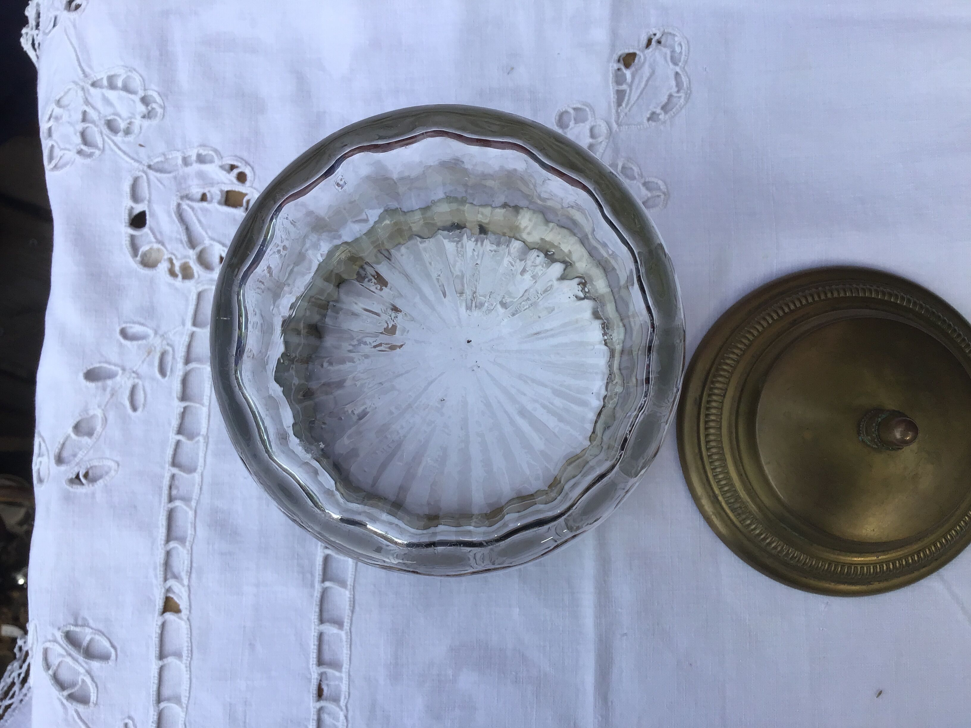 Glass cookie jar engraved metal frame brass