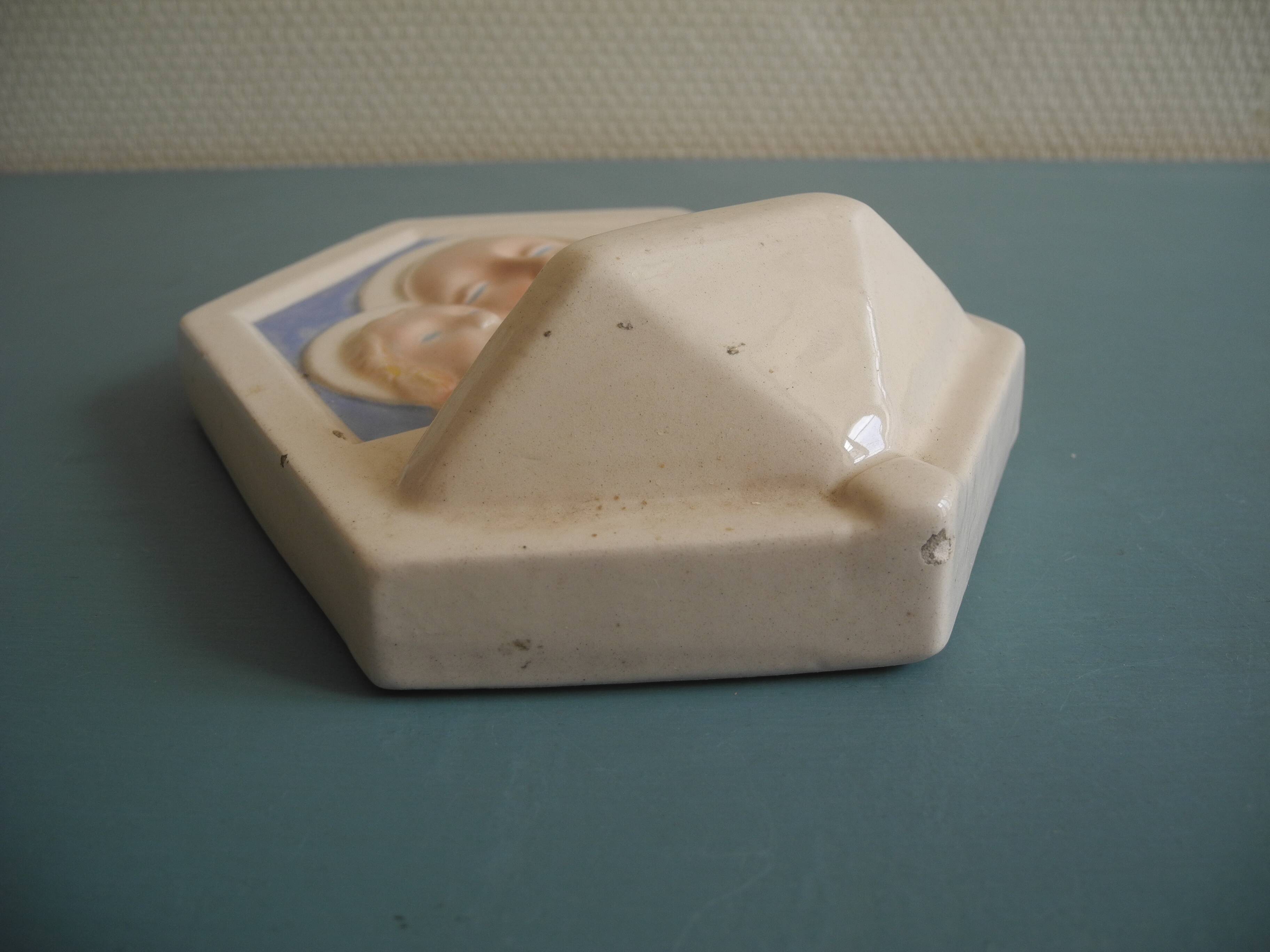 ancient holy water font Desvres Fourmaintraux earthenware