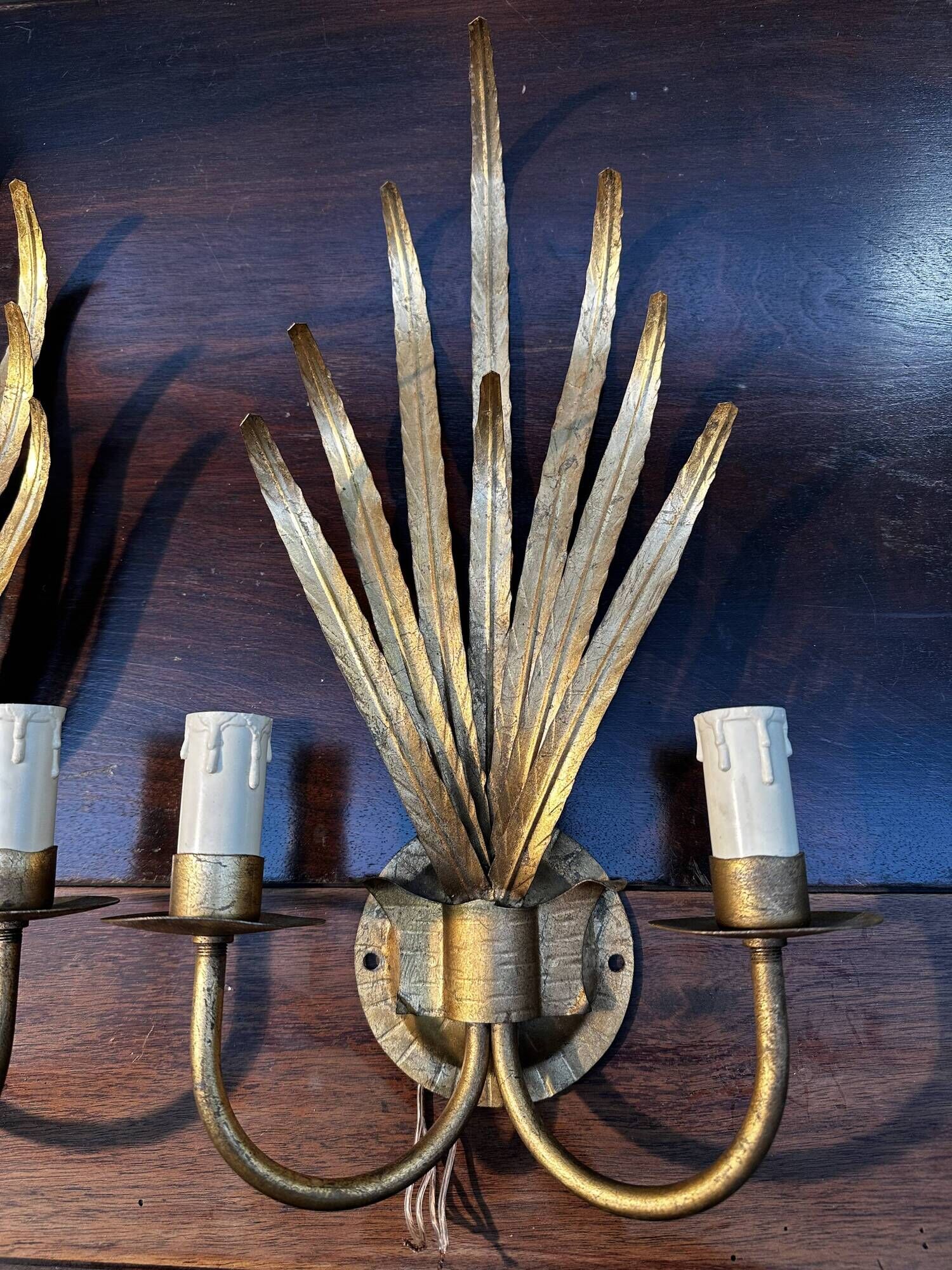 Pair of gold metal foliage spray sconces in the Bagues style - Vintage 70's