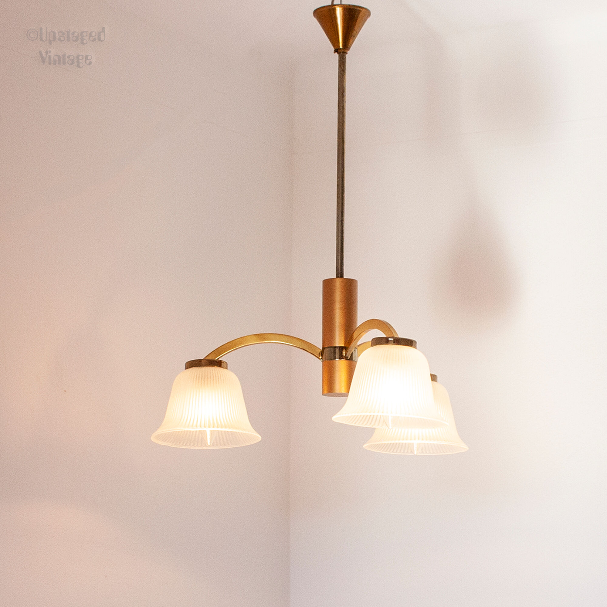 Mid-Century Ceiling Lamp in Brushed Gold with Lampshade in Ribbed Glass G.V. Luminaires