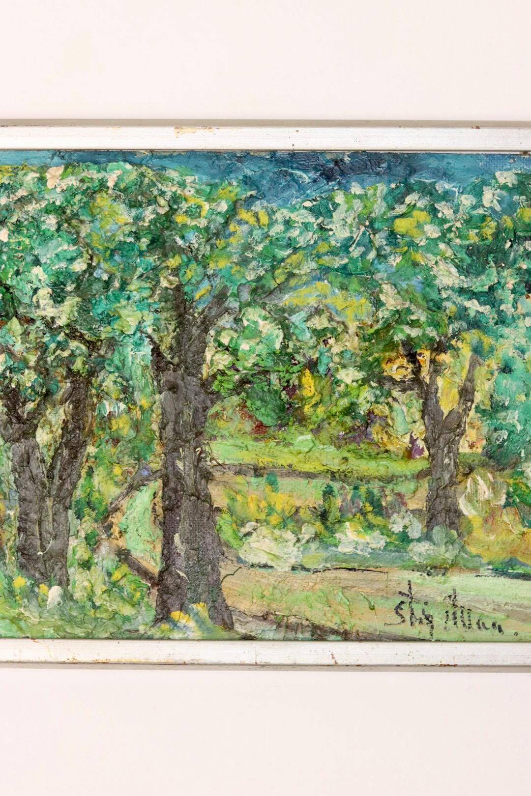 Swedish Original Mid-Century Oil On Board Painting" Clearing" by Stig Allan