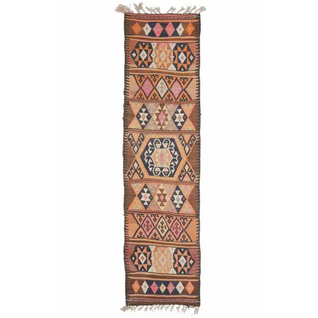 1970s Vintage Turkish Hand-Knotted Wool Cotton Brown Runner Rug 91x355