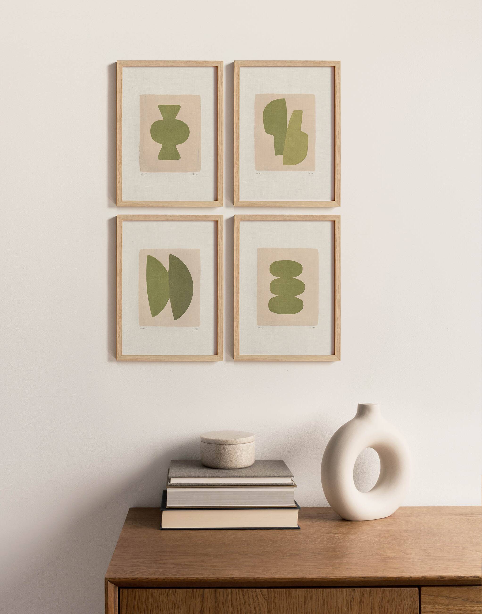 Collection of 4 abstract paintings in sage green signed Eawy.