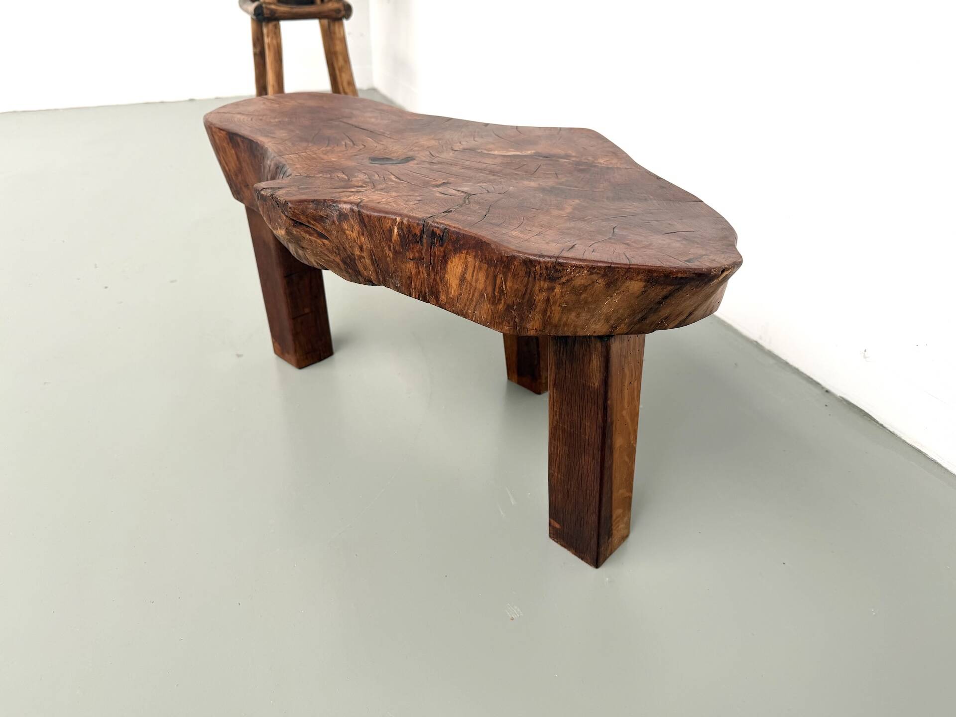 Brutalist tripod coffee table in solid teak – 1970s