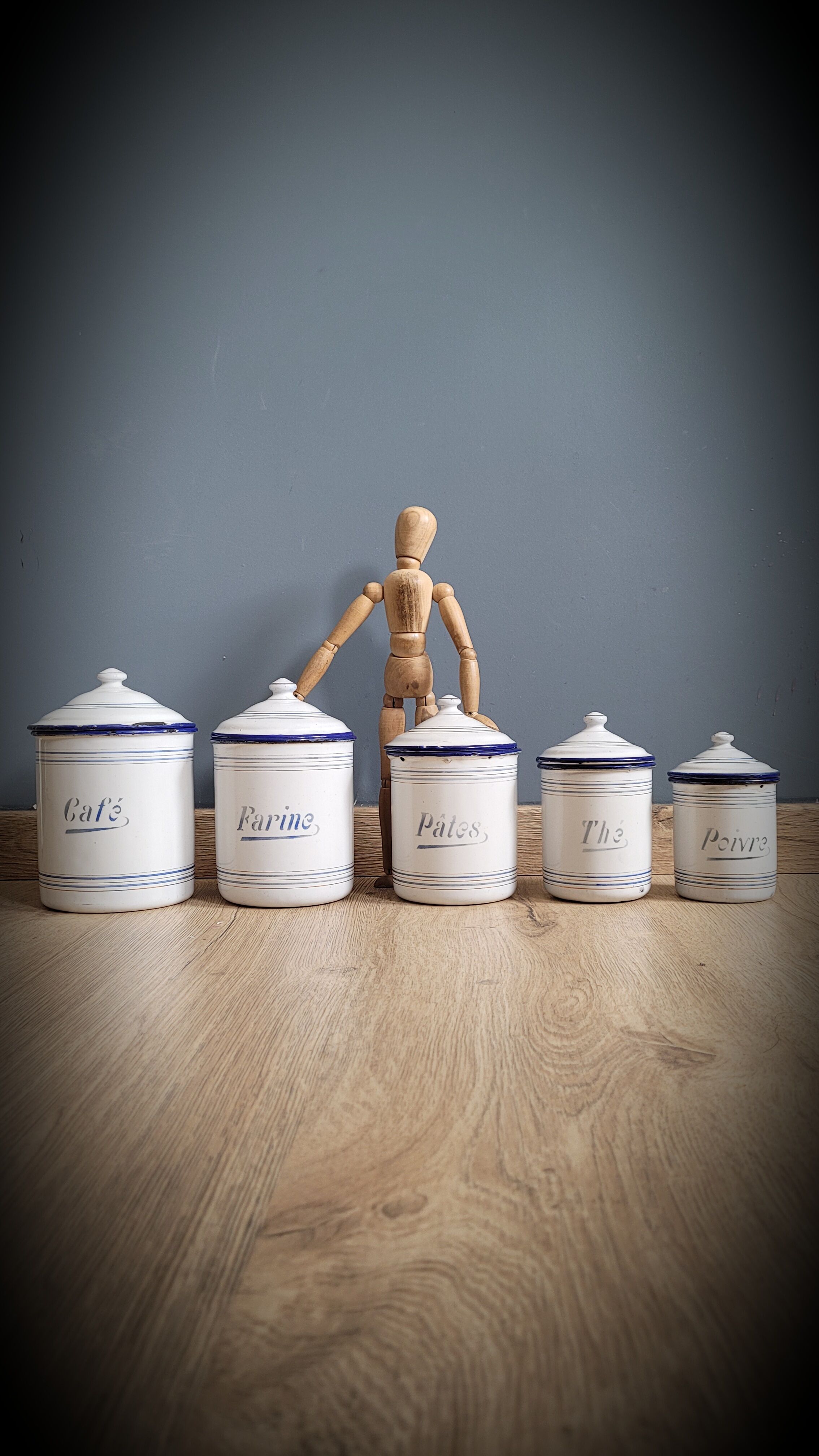 Set 5 pots kitchen white and blue