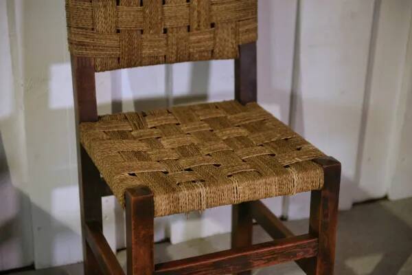 Pair of Brutalist chairs with braided rope seats, 1950s