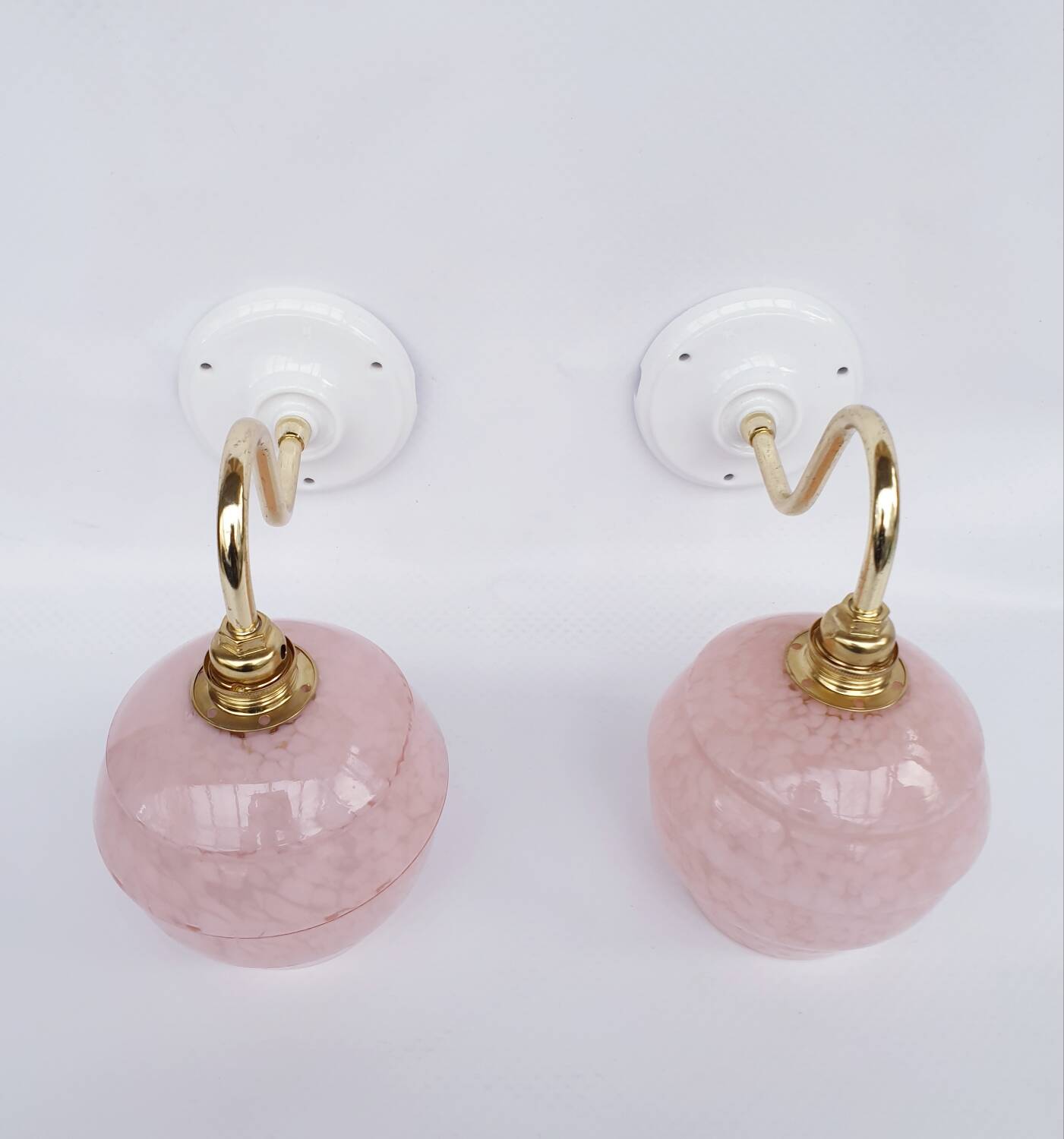 pair of vintage speckled pink and brass wall lights