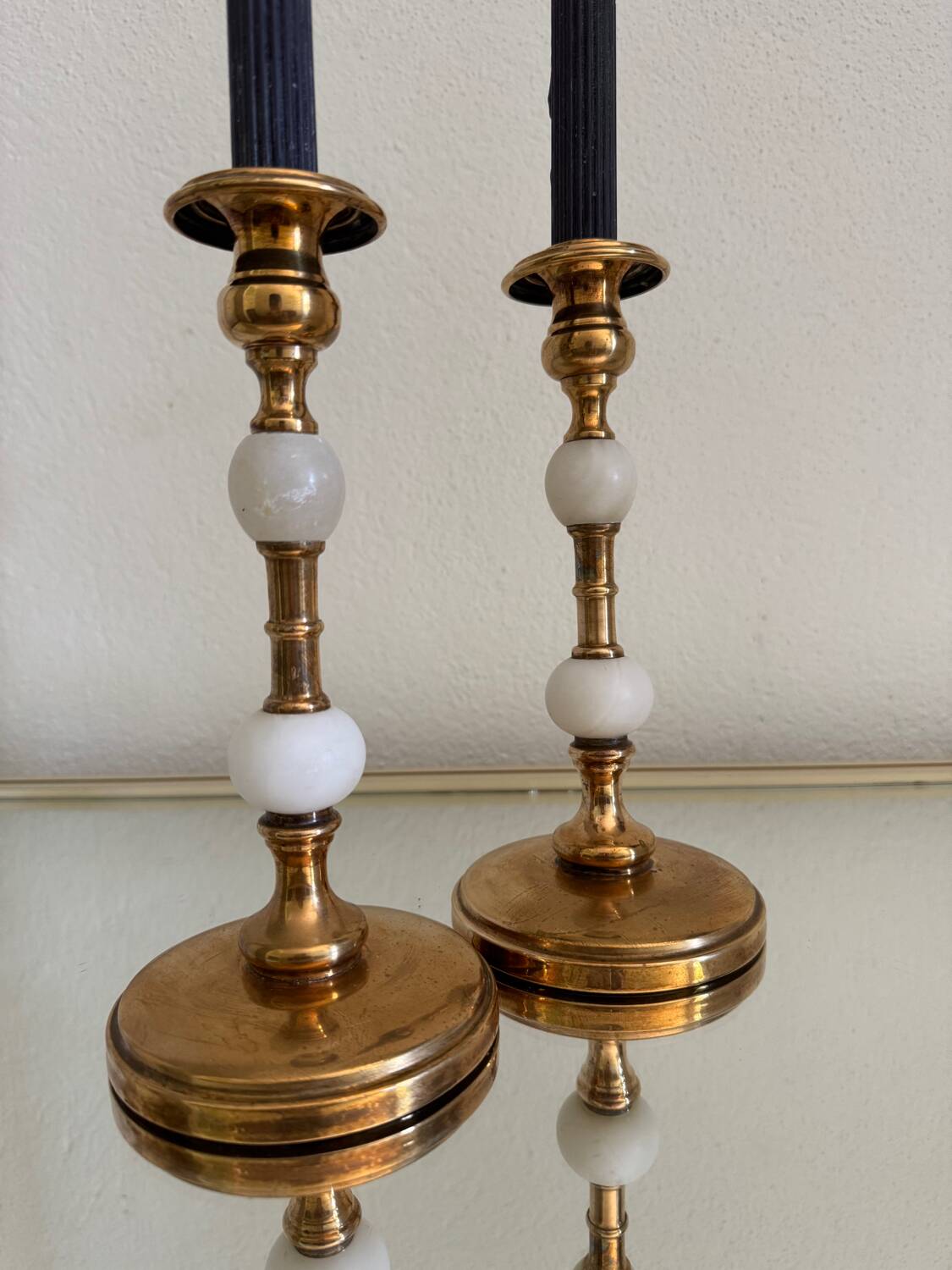 60s gold alabaster metal candlesticks