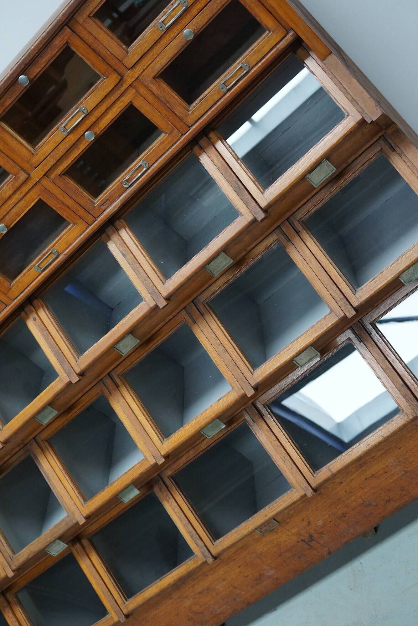 Very large Dutch oak showcase for grocery or haberdashery, 1920s-1930s