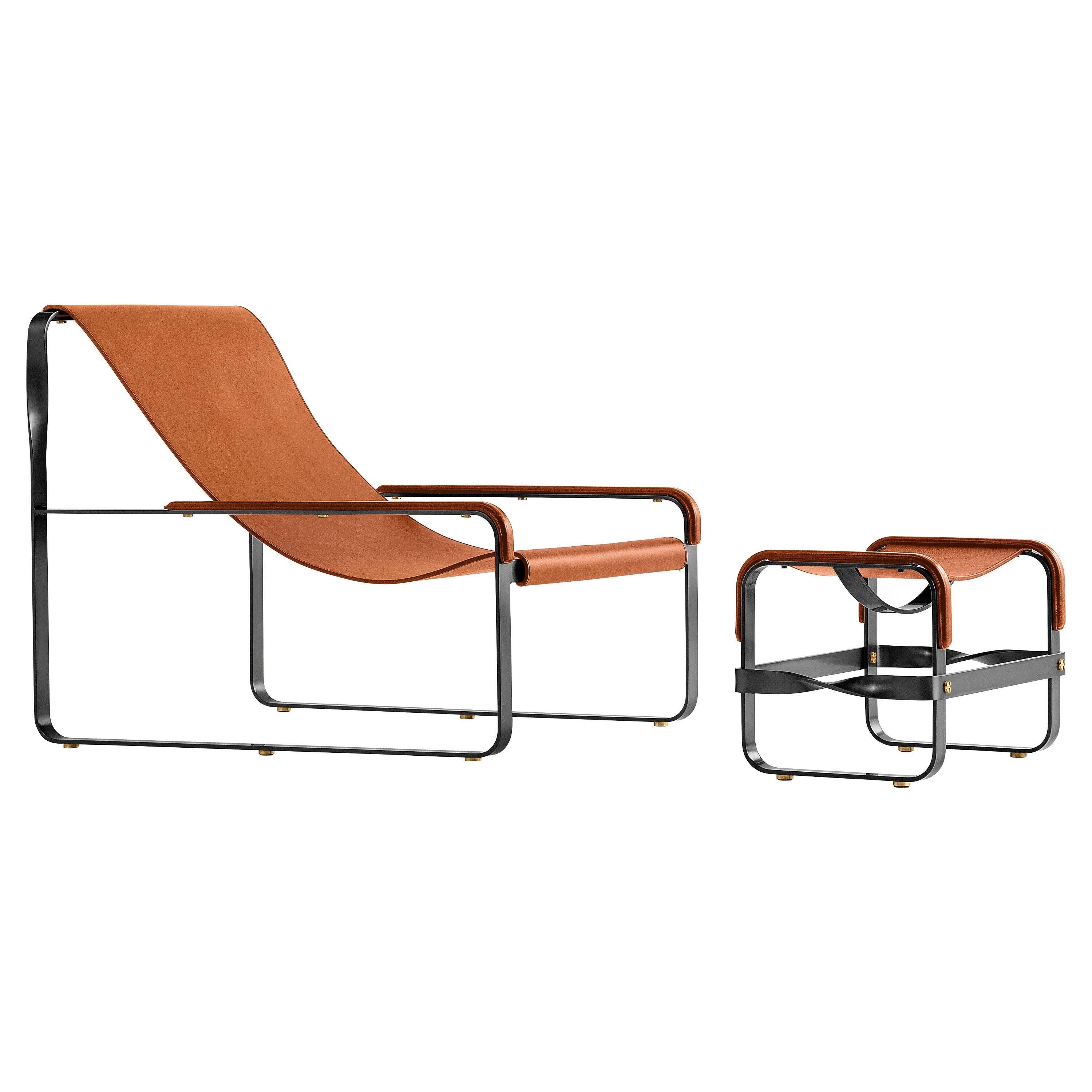 Fauteuil artisanal contemporain en acier noir et cuir marron
