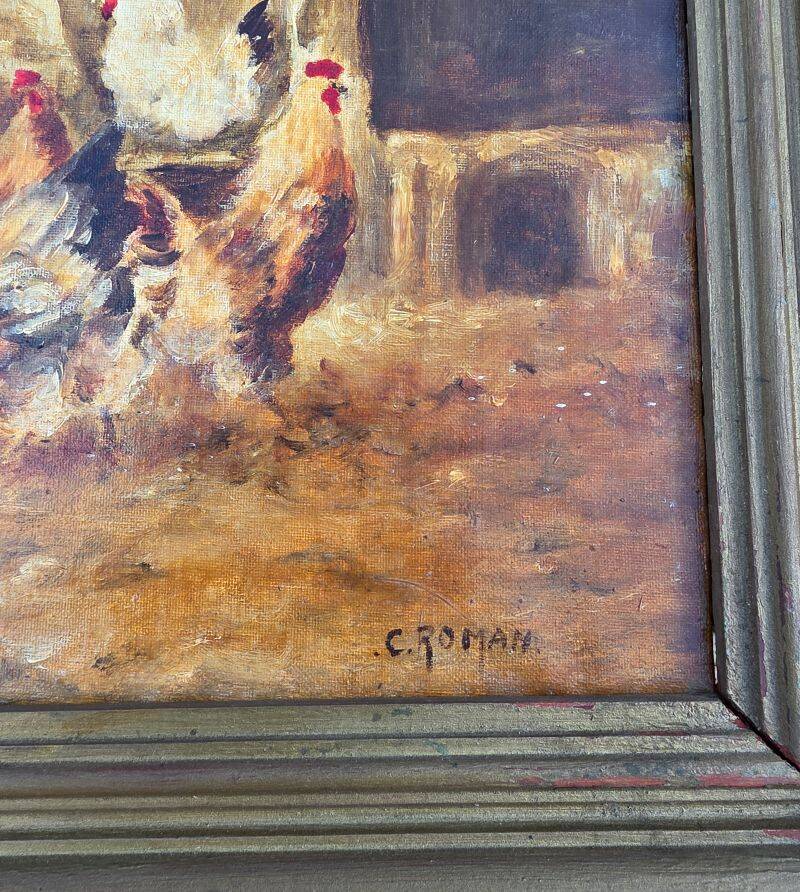 C. Roman Oil on Canvas Depicting Hens and a Rooster