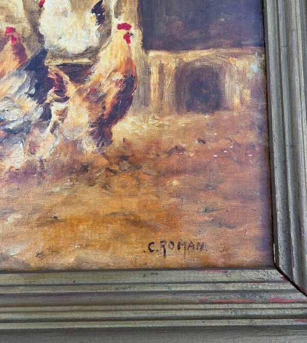 Huile sur toile représentant des poules et coqs, signée C. Roman
