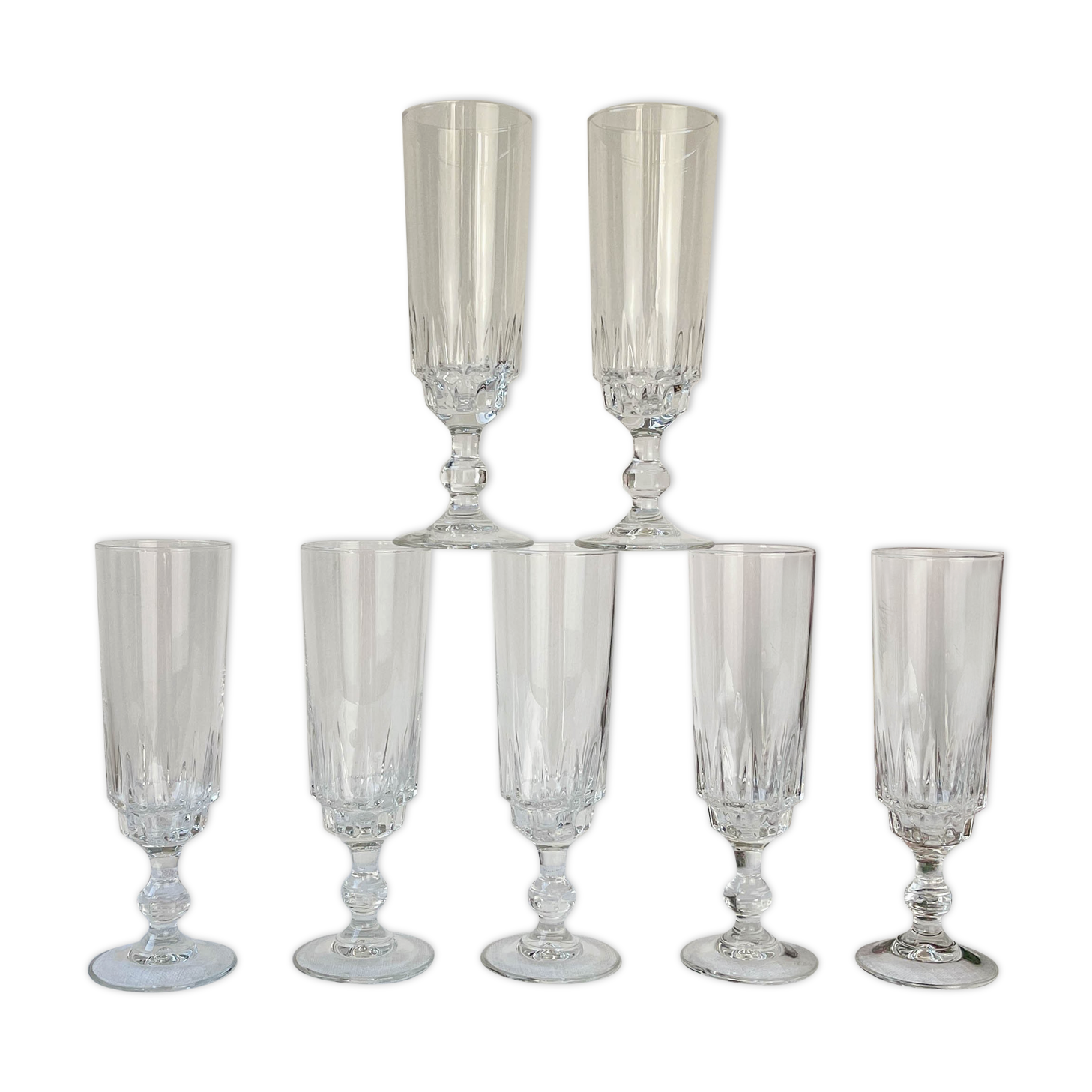 7 Luminarc champagne flutes, Lance model, 1970, made in France