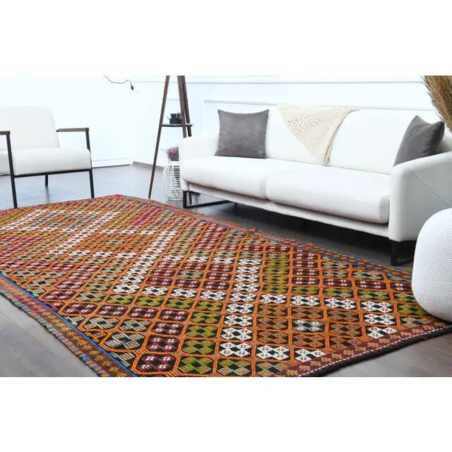 1970s Vintage Turkish Oushak Handmade Wool Cotton Orange Area Rug 179x353