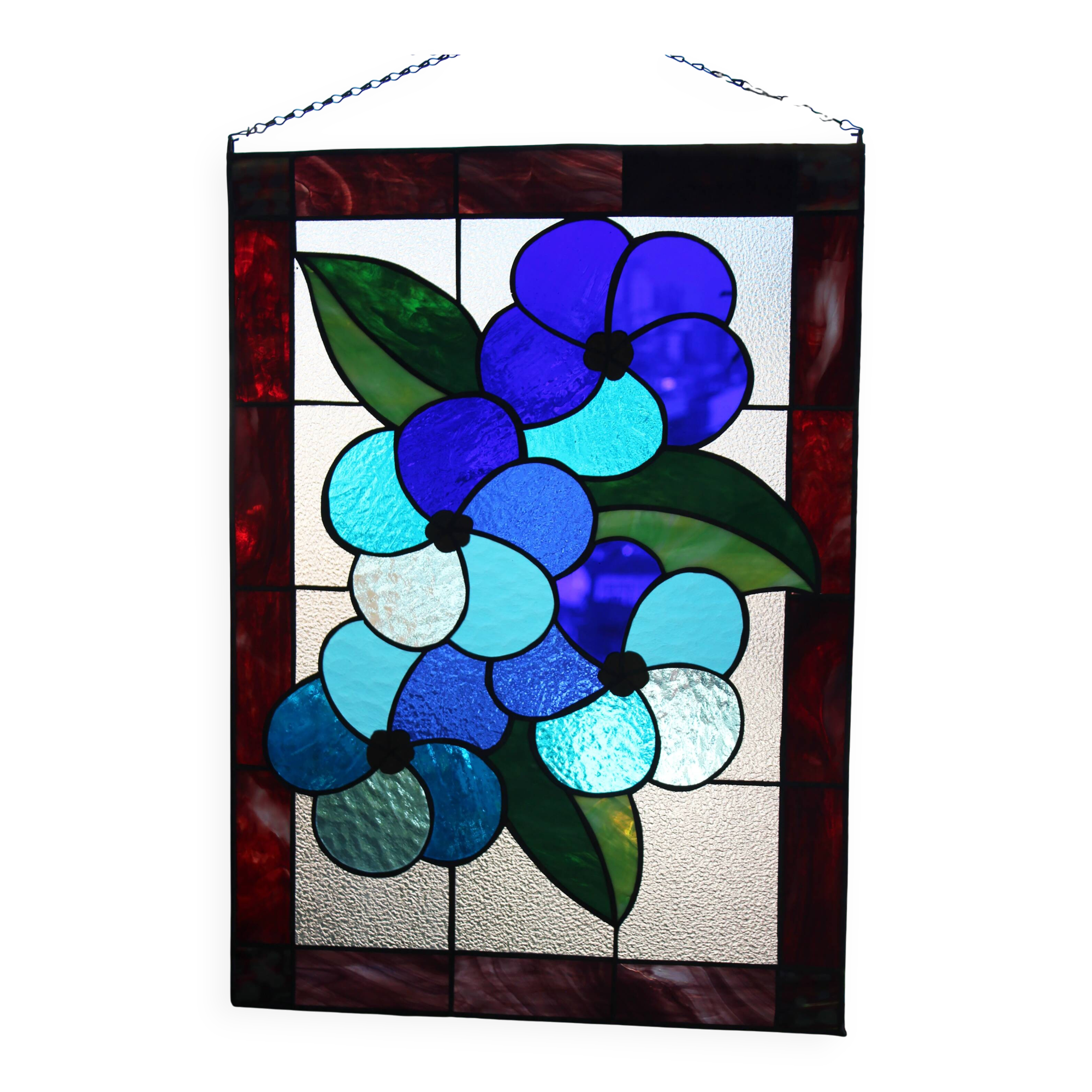 Panneau Vitrail Artisanal à Motif Floral – Verre Coloré, Technique Tiffany