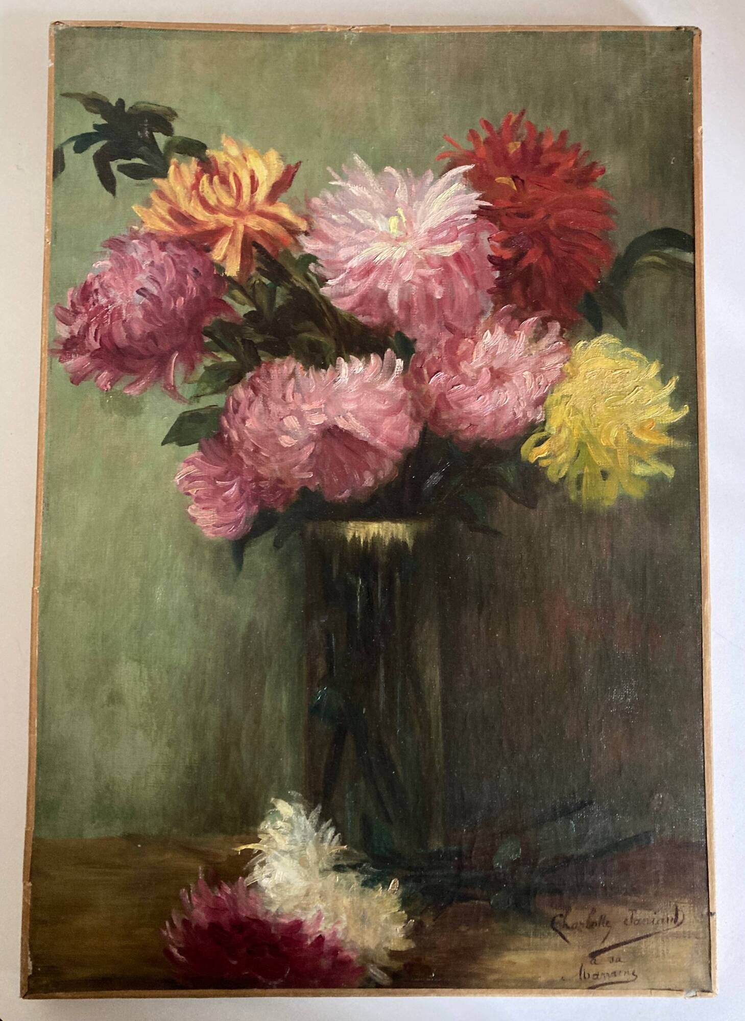 Oil on canvas signed Charlotte to her godmother dahlias 1900
