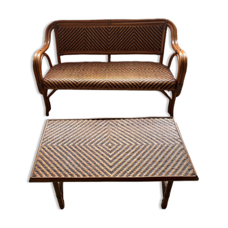 Vintage 70s Riviera bohemian rattan sofa table set