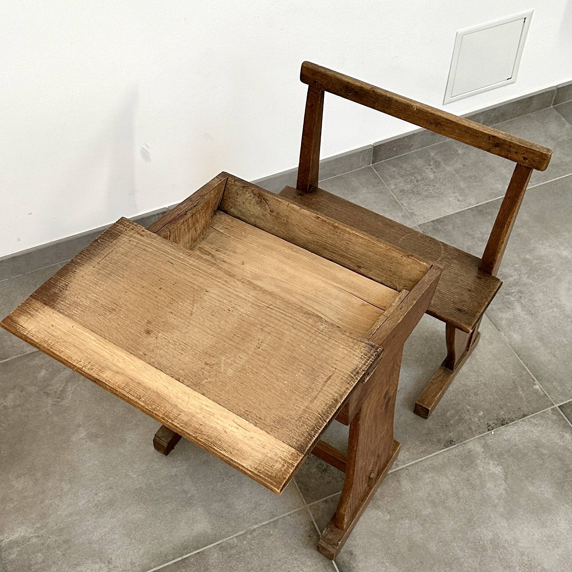 Solid oak school desk - mid-20th century - freestanding bench