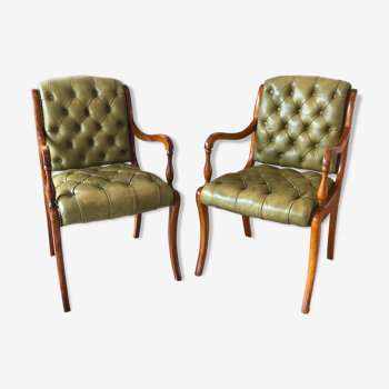 Pair of English style armchairs in padded & studded green leather