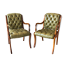 Pair of English style armchairs in padded & studded green leather