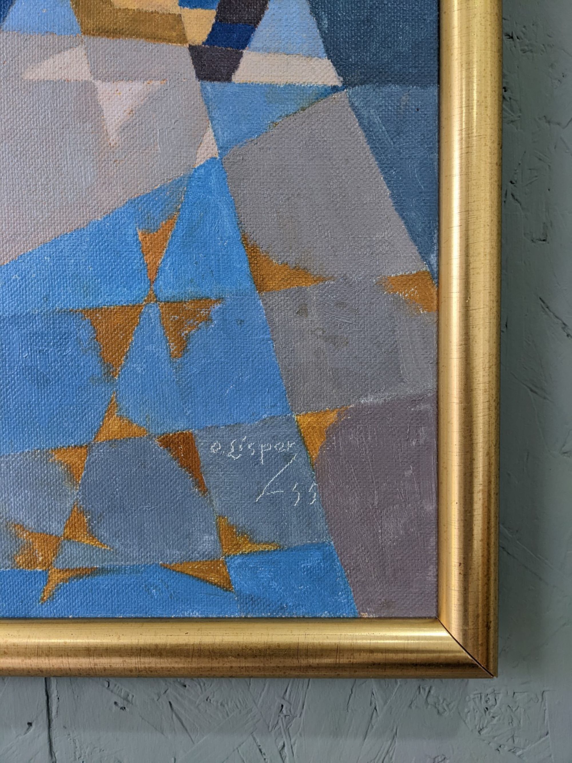 1955 mid-century modern swedish "sea bridge" vintage abstract oil painting, framed