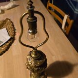 bronze lamp from 1900, solid, inlaid with enamels and glass shade